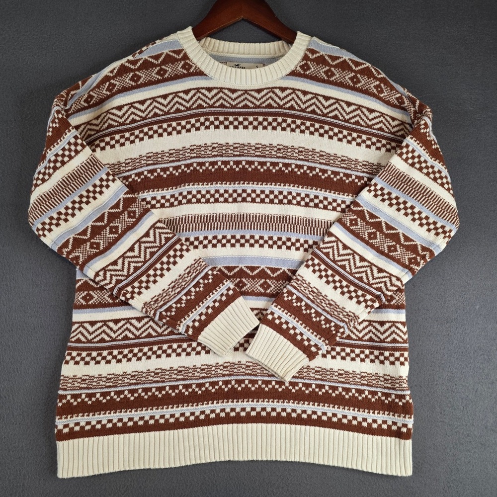 Hollister Sweater Womens S Brown Cream Fair Isle Geometric Knit Cotton Crewneck